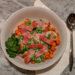 Butternut Squash Alfredo with Turkey Bacon & Peas